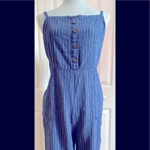 Striped blue and white linen romper (full length)
